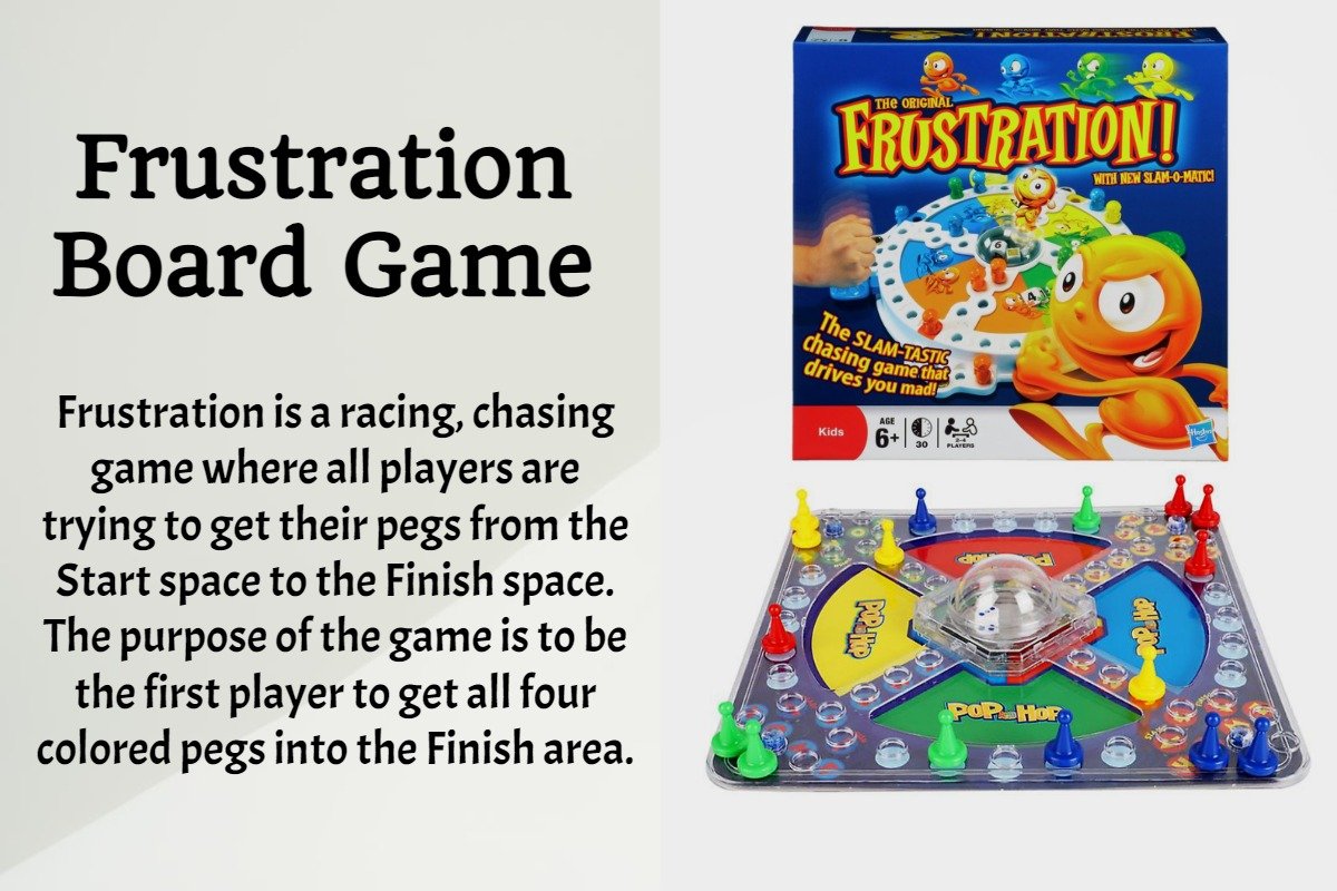 To play the frustration board game, you have to place the pegs in the starting positions to start the game, and there are 16 colorful pegs in frustration, including 4 red, 4 yellow, 4 green, and 4 blue. To play the game, your mission is to be the first player to move all the pieces around the board and safely land them in the finished space.