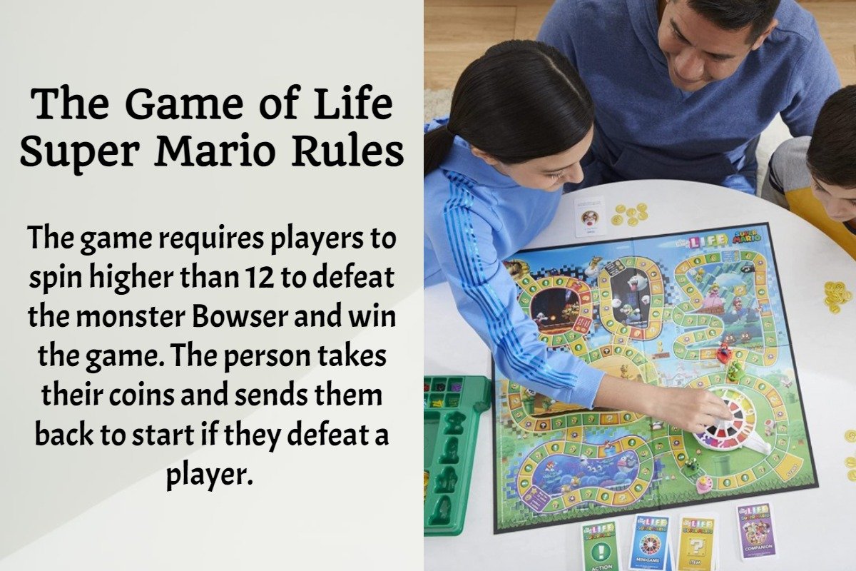 The game board has looping paths, and players move around them as they collect coins and power-ups. When the players arrive at Browser's Castle, they buy stars to boost their battle spin.