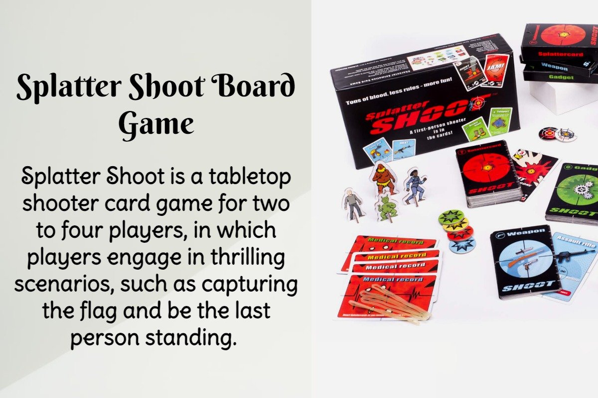 Splatter Shoot is a tabletop shooter card game for two to four players, in which players engage in thrilling scenarios, such as capturing the flag and be the last person standing. 