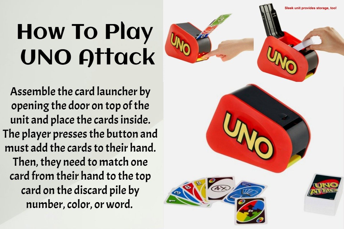 UNO Attack is a variation of the classic UNO that comes with a mechanical card launcher to enable random card shooting. The game uses a button on the launcher to draw cards, rather than pulling them from the deck.