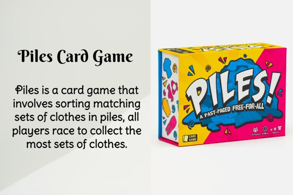 The piles card game deck comes with 200 cards and a rule book. To Play Piles, players match sets of clothes in order and race to collect the most sets of clothes. The game ends when a player has created matching sets of all six piles.