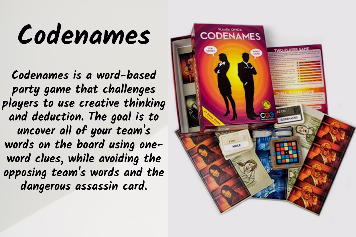 Codenames is a word-based party game that challenges players to use creative thinking and deduction. The goal is to uncover all of your team's words on the board using one-word clues, while avoiding the opposing team's words and the dangerous assassin card.