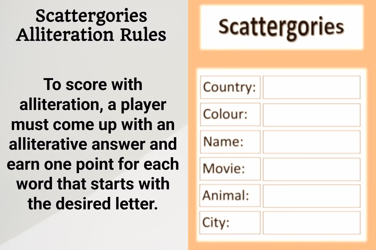 Scattergories Alliteration Rules 2 To score with alliteration, a player must come up with an alliterative answer and earn one point for each word that starts with the desired letter. For instance, if the key letter is “S” and the category is “Things in a Supermarket,” an answer like “Sweet Strawberries” would score two points because it has two words starting with “S.”