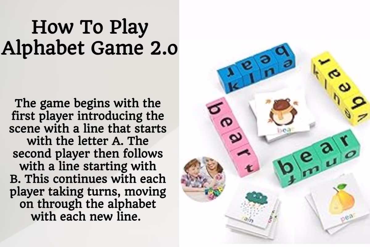 About The Alphabet Game 2.0 2 The game begins with the first player introducing the scene with a line that starts with the letter A. The second player then follows with a line starting with B. This continues with each player taking turns, moving on through the alphabet with each new line.